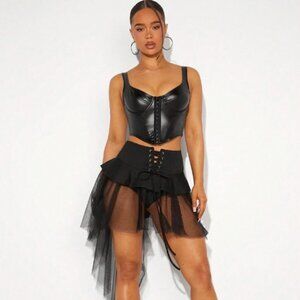 Women’s Lace Up Contrast Mesh High Low Hem Skirt